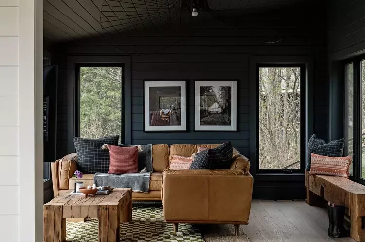 30 Dark and Dramatic Living Rooms That Will Transform Your Space Add Dark Shiplap on the Walls and Ceiling