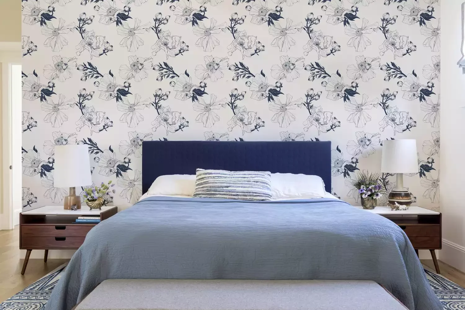 25 Stunning Navy Blue Bedroom Ideas That Will Transform Your Space 20 Add Floral Wallpaper