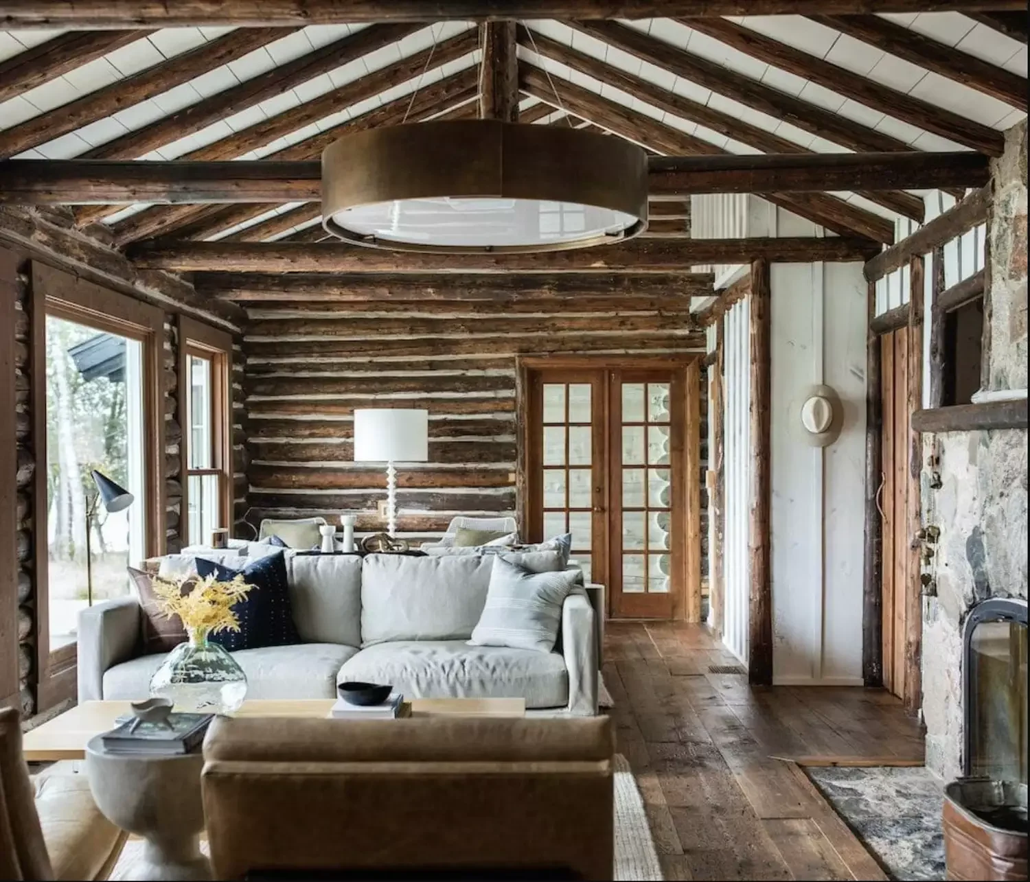 22 Fresh Ways to Give Your Log Cabin a Modern Makeover 14 Add Geometric Overhead Lighting