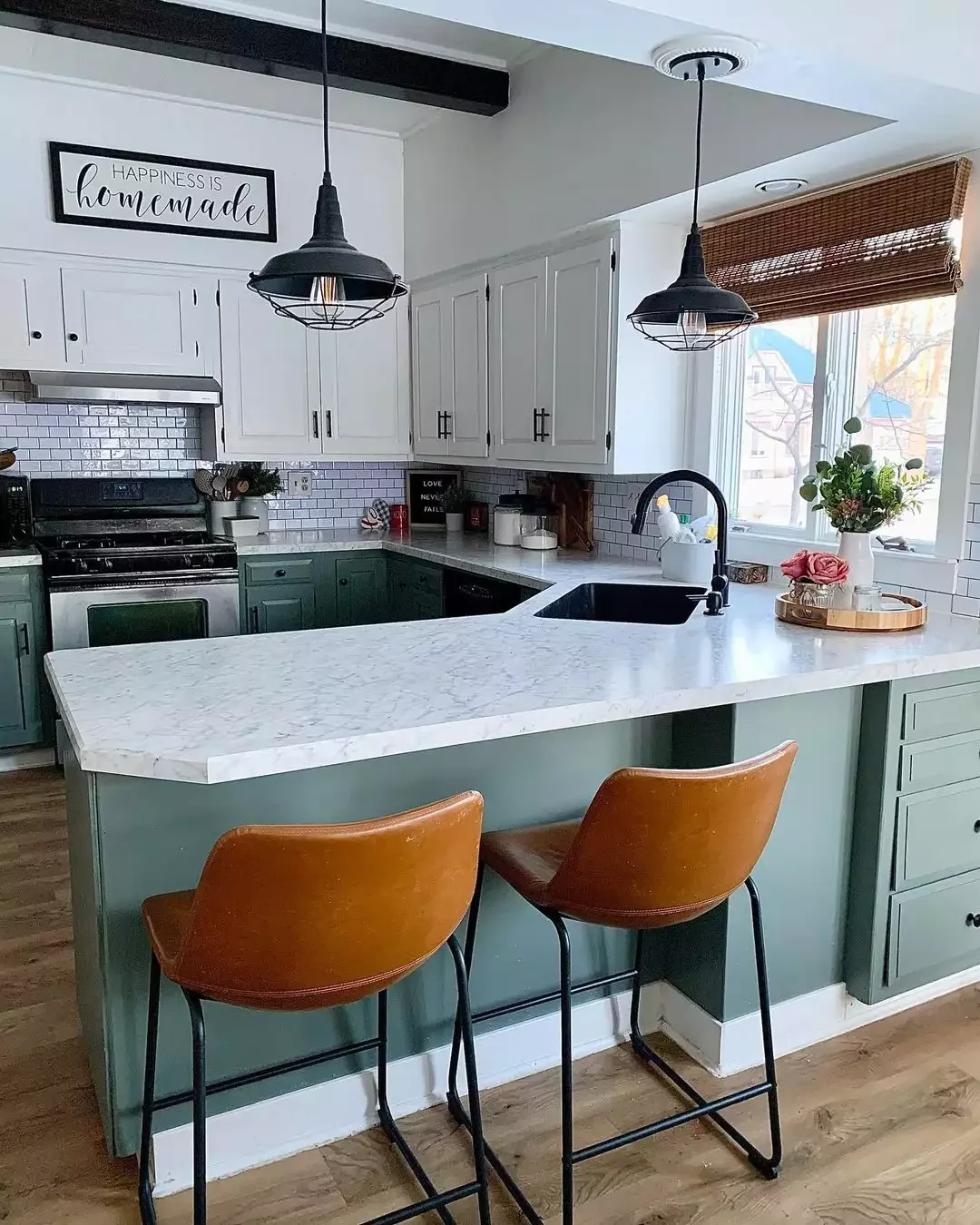 23 Stunning Sage Green Kitchen Ideas That Never Go Out of Style 18 Add Leather Stools