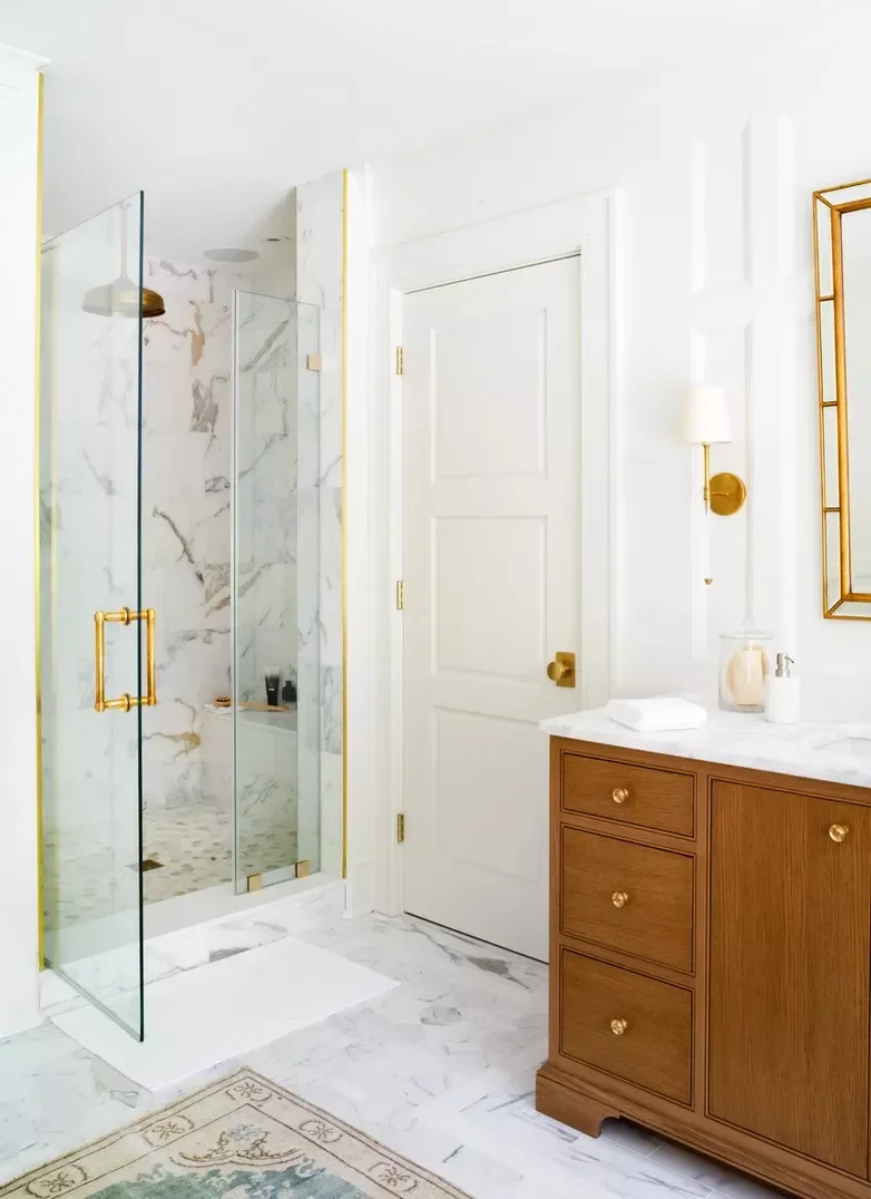 26 Beautiful Walk-In Shower Ideas to Transform Your Small Bathroom 18 Add Shiny Brass