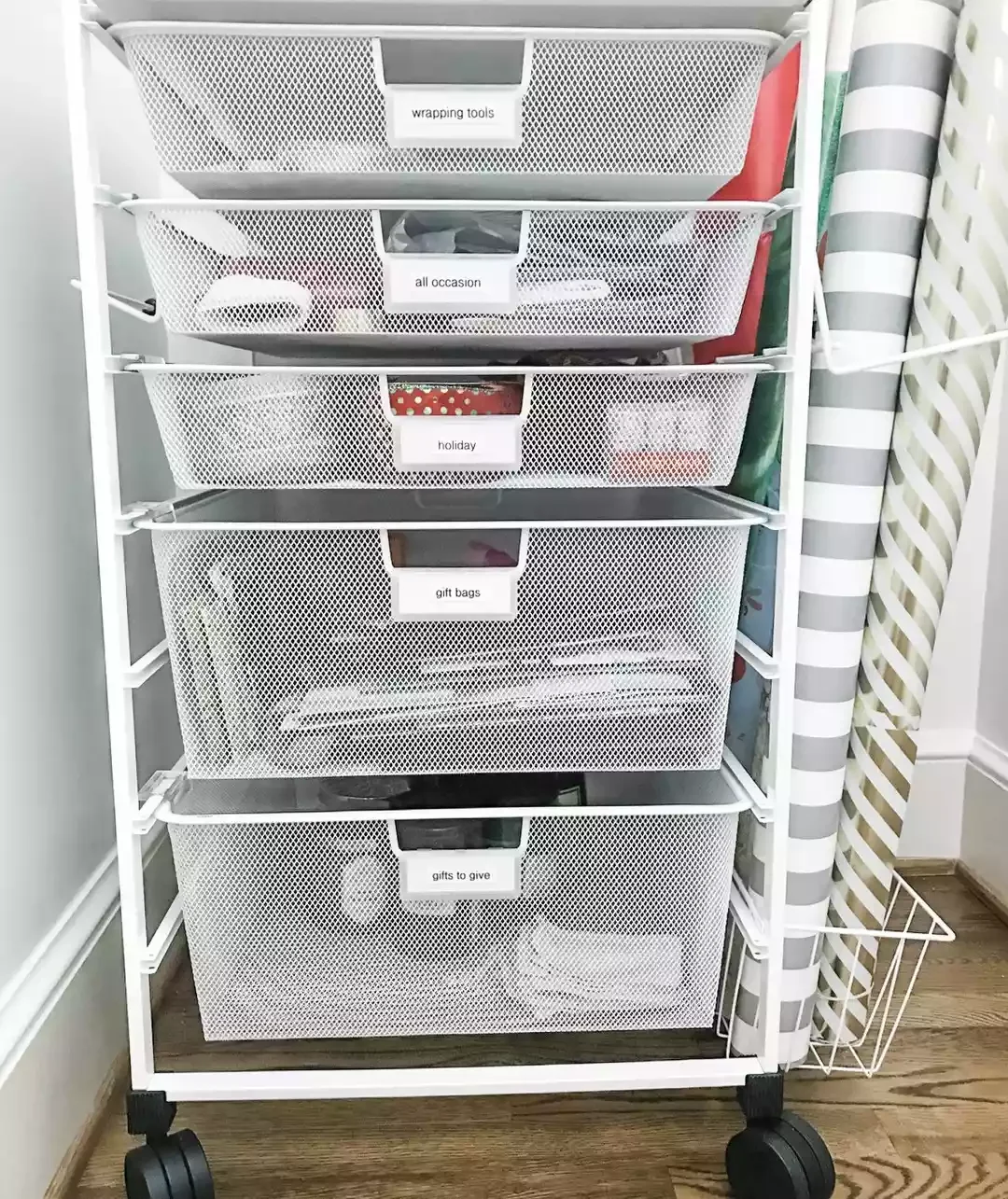 18 Creative Gift Wrap Storage Solutions That Banish Holiday Clutter Add Side Storage to a Rolling Cart