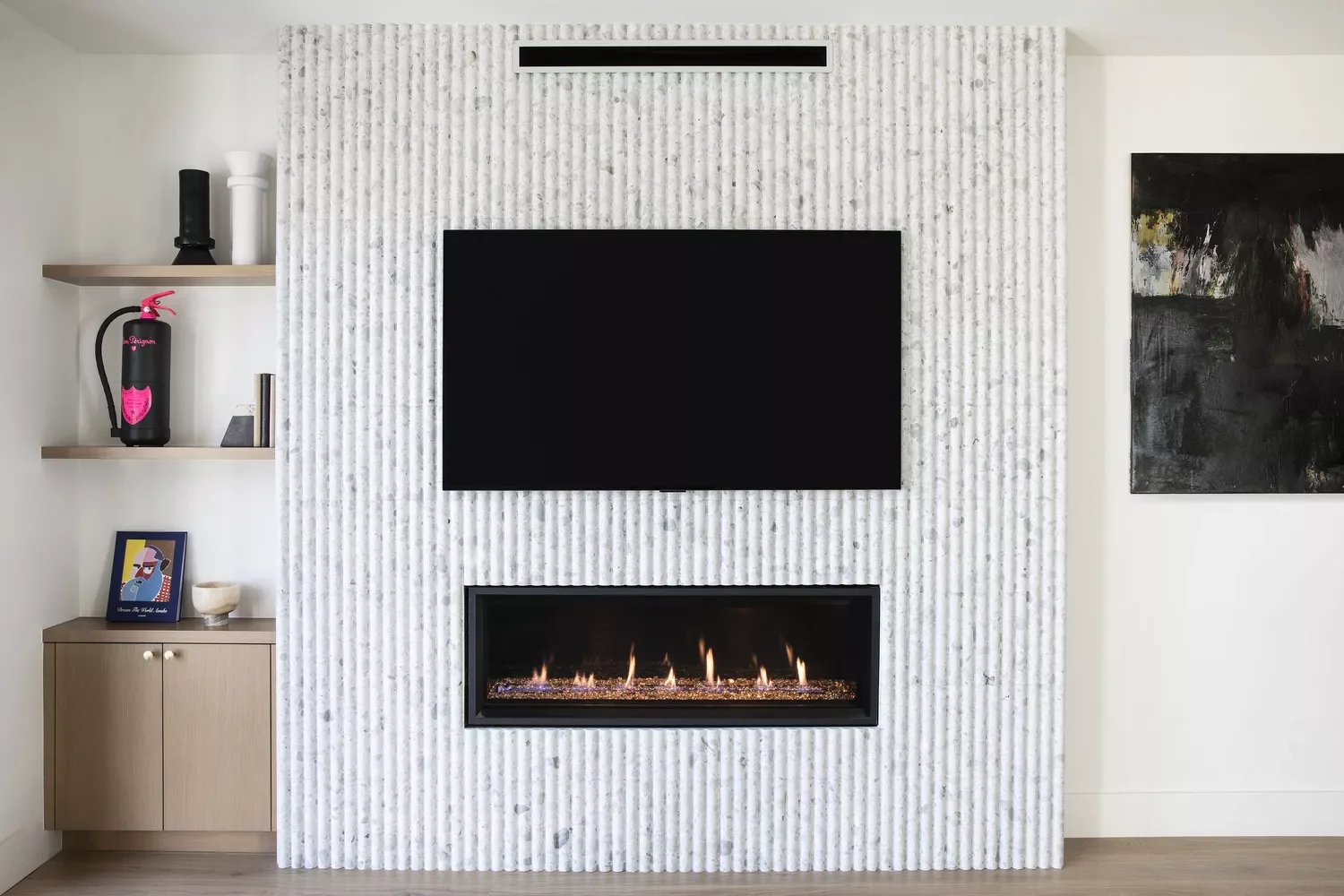25 Stunning Electric Fireplace and TV Combinations That Look Professionally Designed 9 Add Texture to the Wall