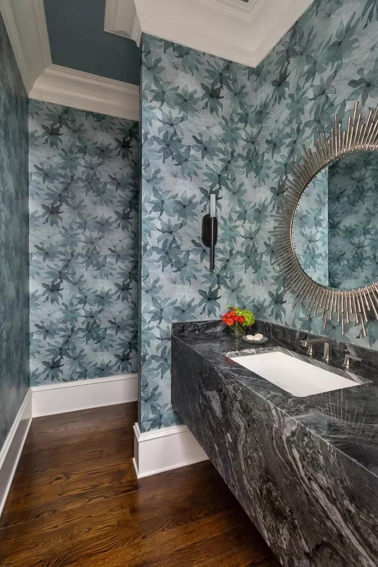 50 Dramatic Dark Bathroom Ideas to Transform Your Space 6 Add Wallpaper in Your Desired Style