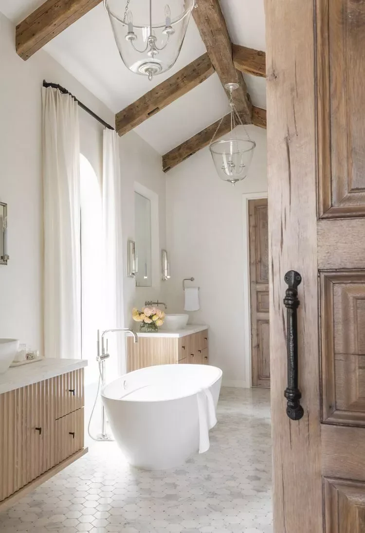 30 Rustic Bathroom Ideas That'll Give You Serious Country Cottage Vibes 22 Add Wood Beams