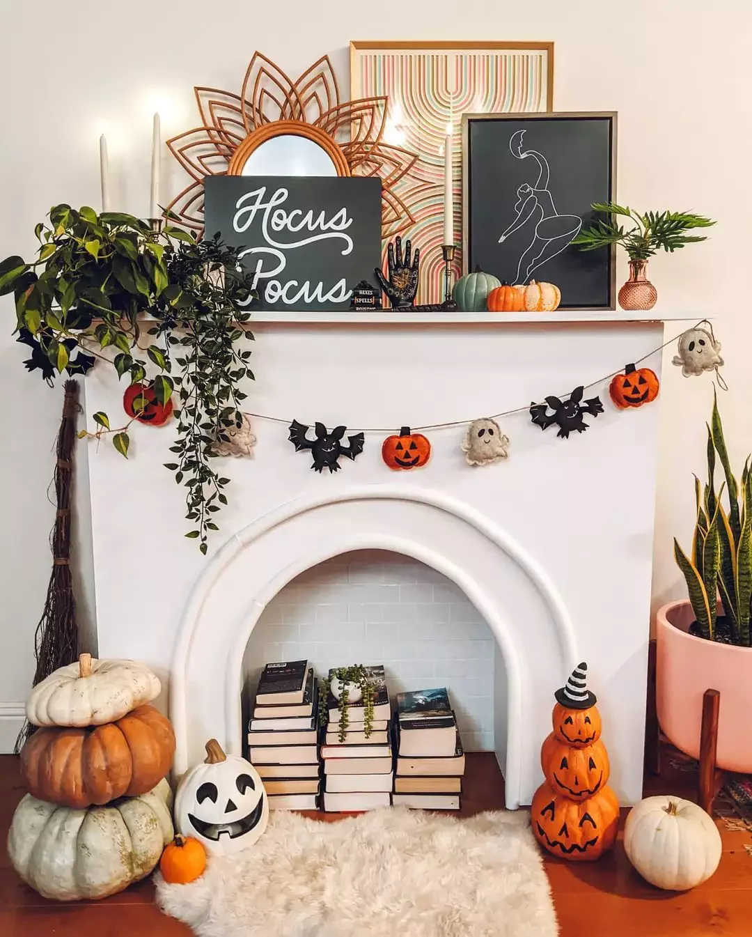 30 Enchanting Halloween Fireplace Mantel Ideas to Transform Your Space 5 Add a Sign (or Two)