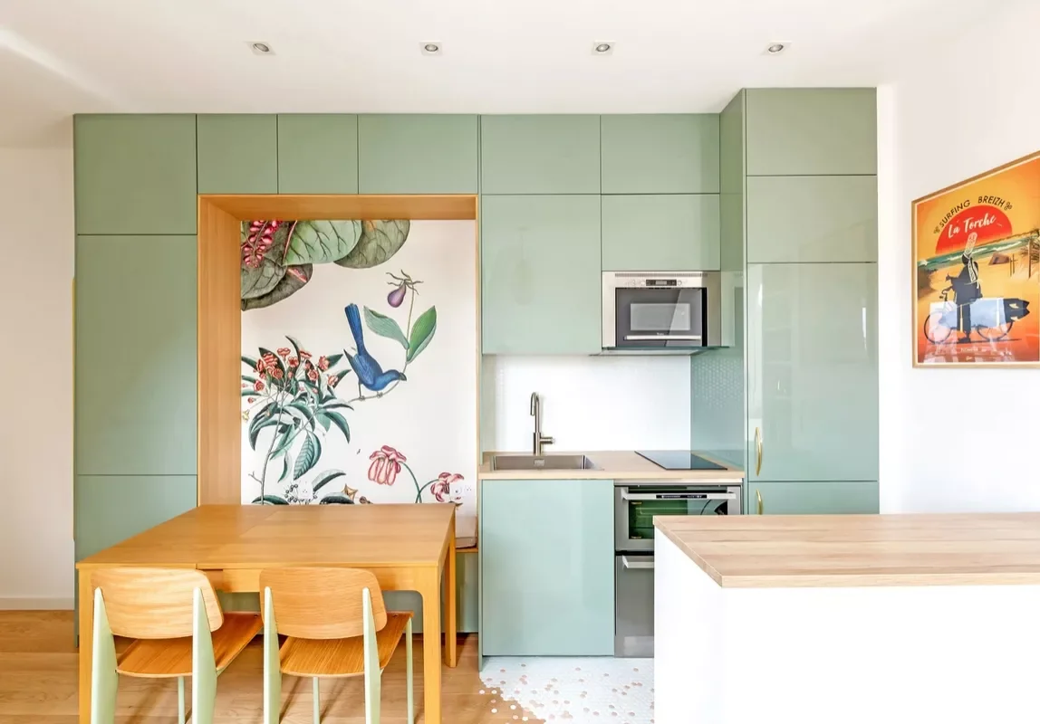 52 Creative Apartment Kitchen Ideas That Keep Your Security Deposit Safe 3 Add a Wallpaper Accent