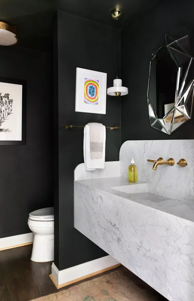 50 Dramatic Dark Bathroom Ideas to Transform Your Space 14 Add an Off-White Countertop for Contrast