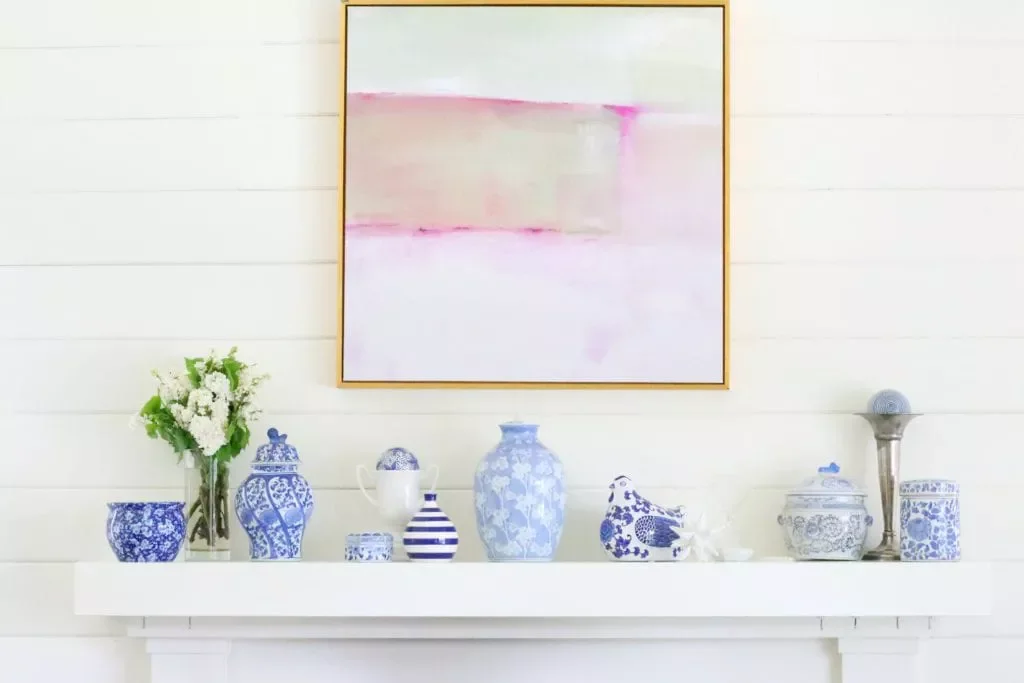 30 Beautiful Spring Mantel Ideas That Will Transform Your Living Space 20 Blue + White Jars