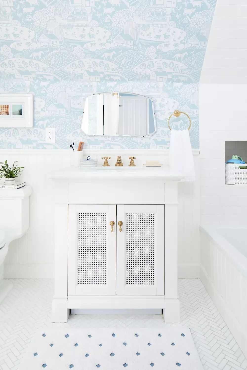 34 Stunning Blue Bathroom Ideas That Transform Your Space Into a Relaxing Retreat 28 Blue-and-White Wallpaper