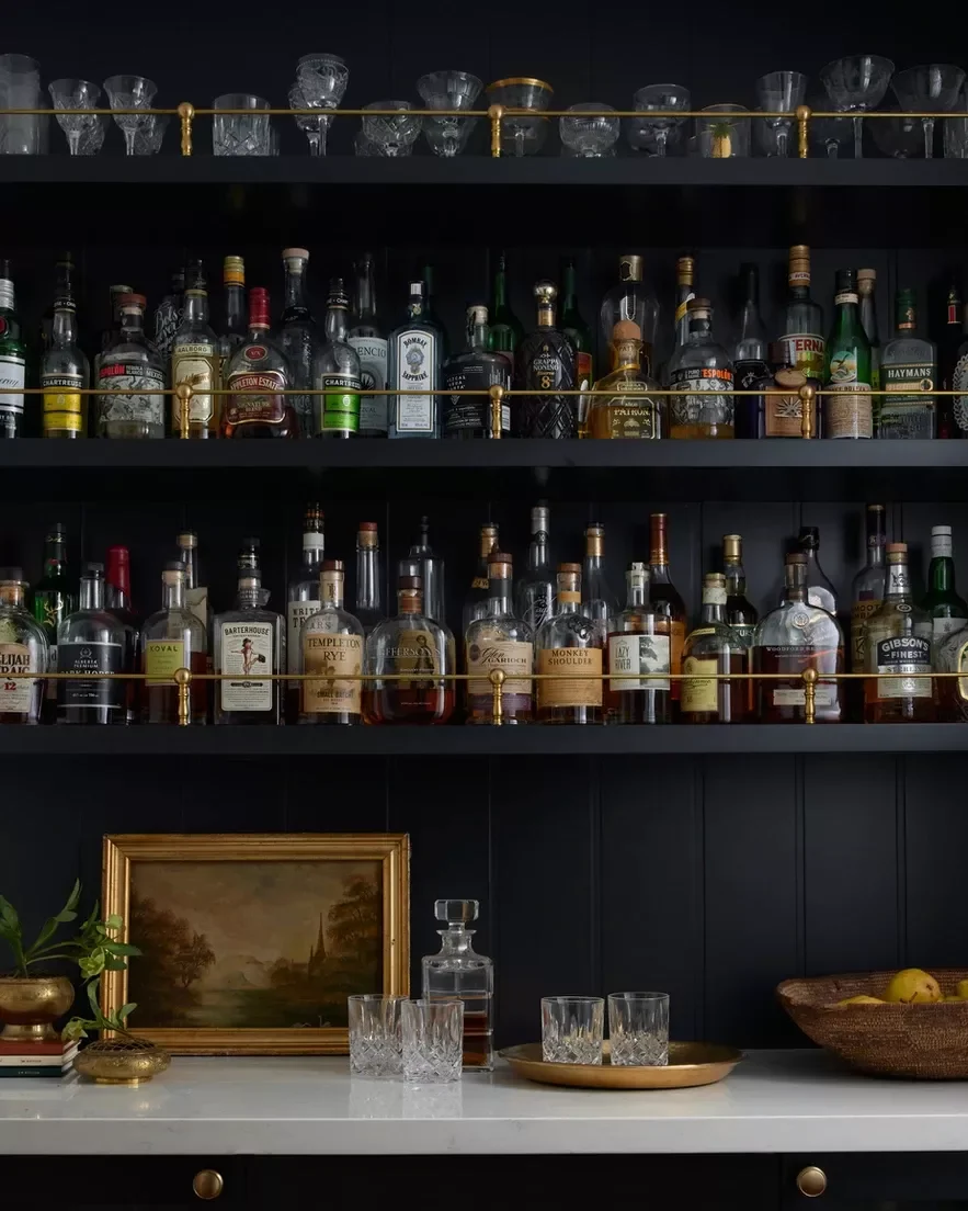 41 Stylish Bar Shelf Ideas That Will Transform Your Home Bar 6 Brass Rail Liquor Shelf