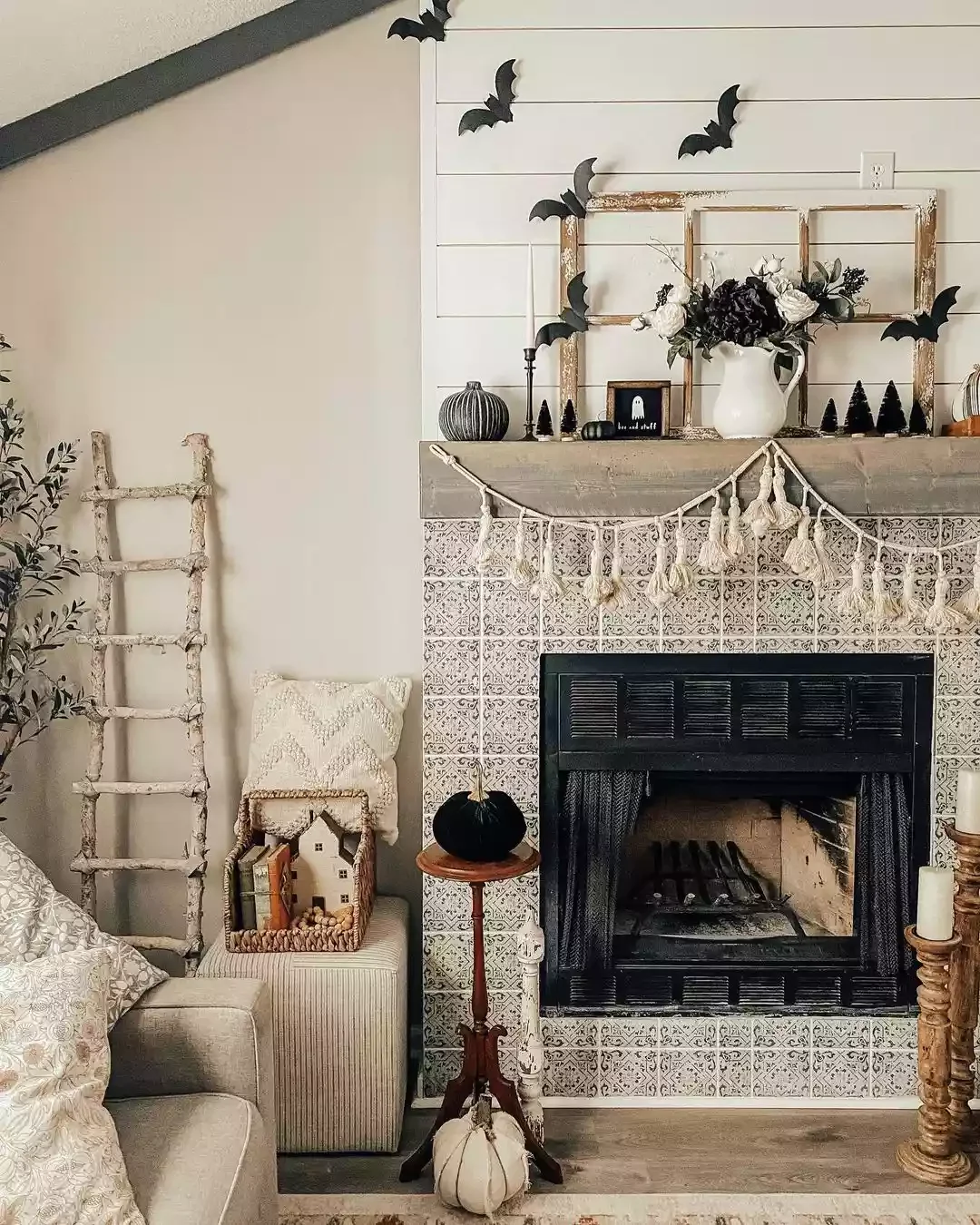 30 Enchanting Halloween Fireplace Mantel Ideas to Transform Your Space 11 Bring in Some Christmas Decor