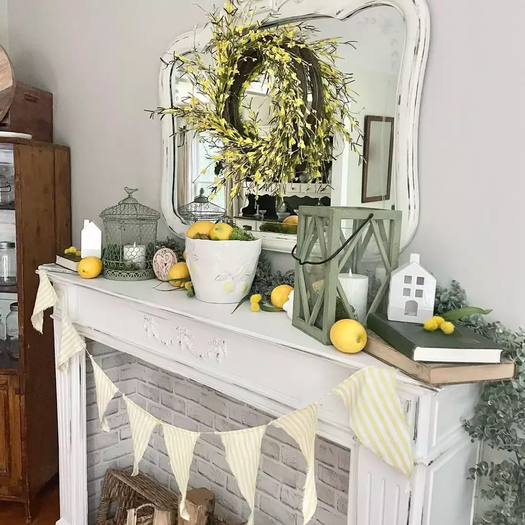33 Cozy Farmhouse Fireplace Styling Ideas That Transform Your Living Space 8 Bring on the Color With Lemons