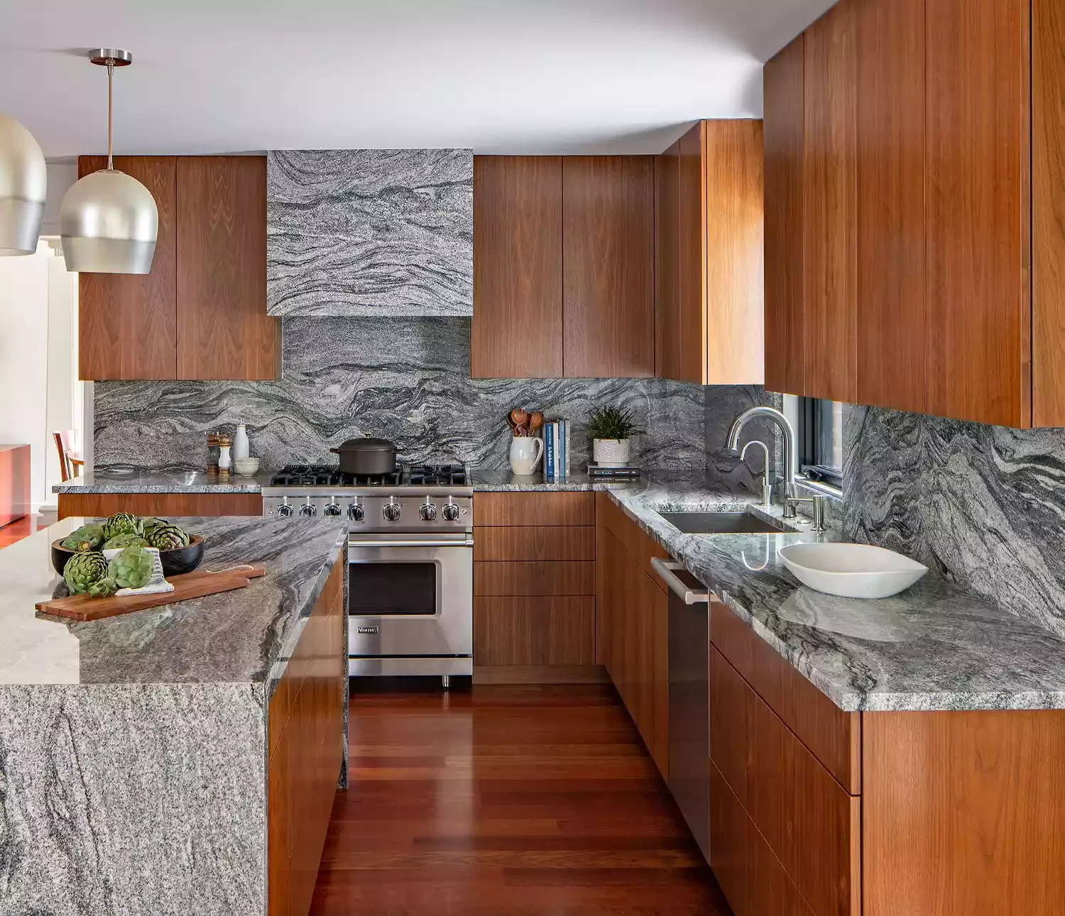 30 Stunning Range Hood Designs That Transform Your Kitchen 12 Bring on the Wavy Granite
