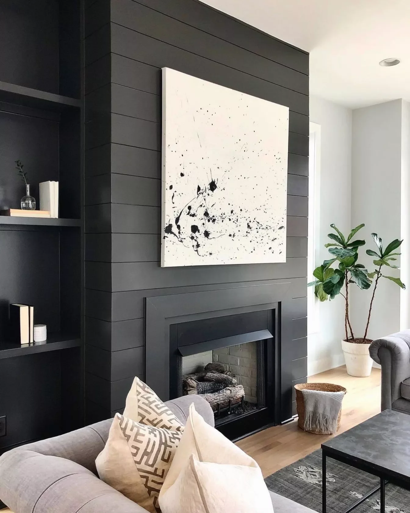 39 Bold Black Living Room Ideas That Will Transform Your Space Into Something Extraordinary 39 Charcoal Shiplap Fireplace Wall