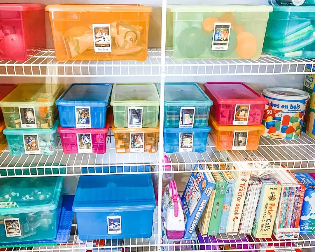 20 Clever Ways to Organize Your Child's Stuffed Animal Collection Colorful Plastic Bins With Photo Labels