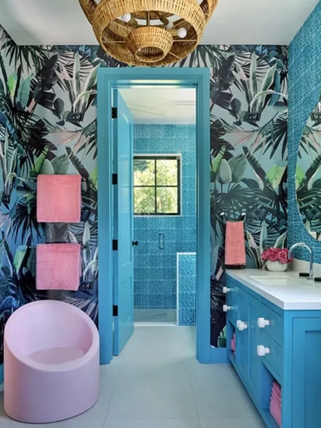 34 Stunning Blue Bathroom Ideas That Transform Your Space Into a Relaxing Retreat 34 Complementary Pink Accents