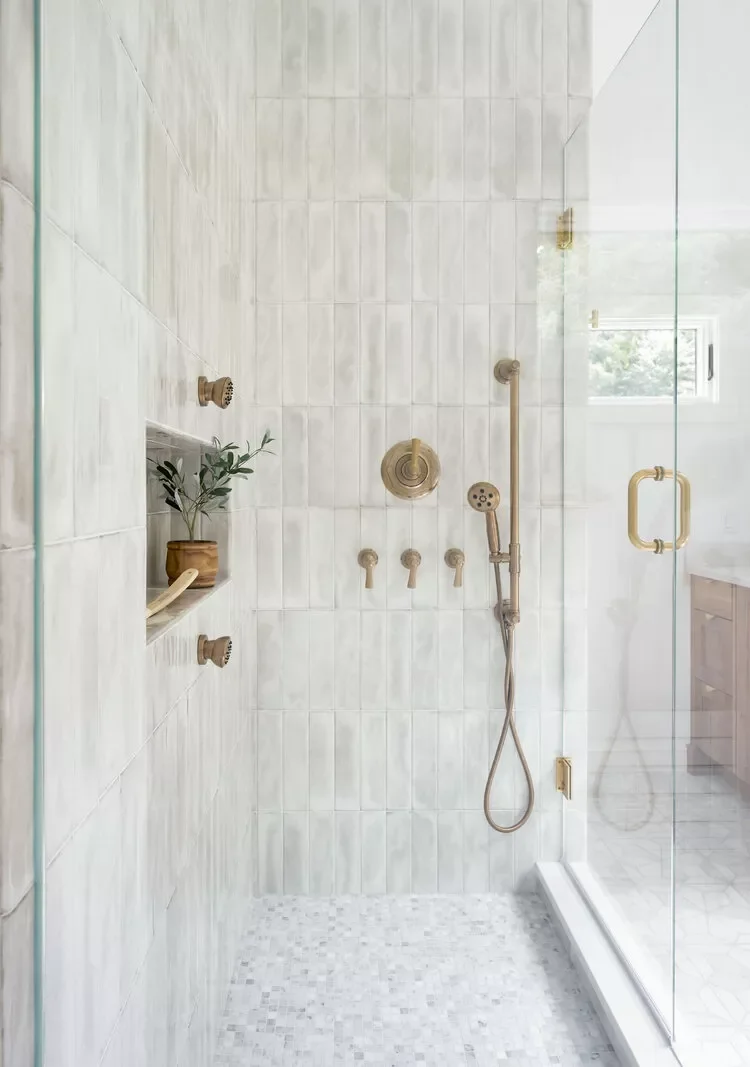30 Stunning Corner Shower Designs to Elevate Your Bathroom 4 Corner Shower With Weathered Brass