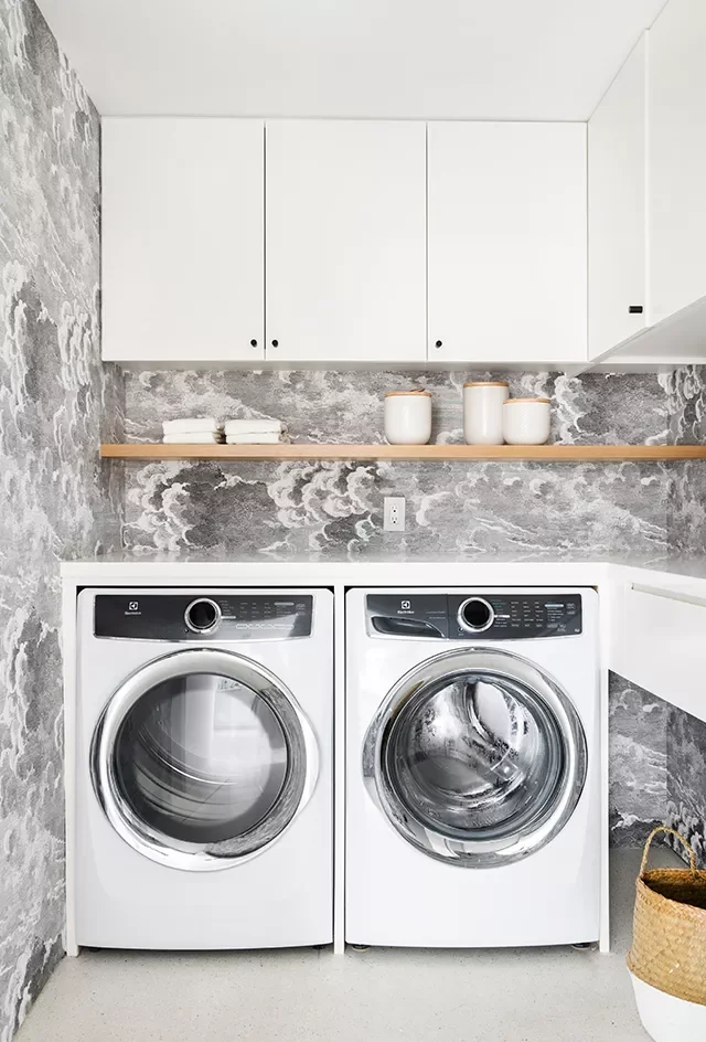 55 Small Laundry Room Ideas That Blend Style With Smart Functionality Decorate With Storm Cloud Wallpaper