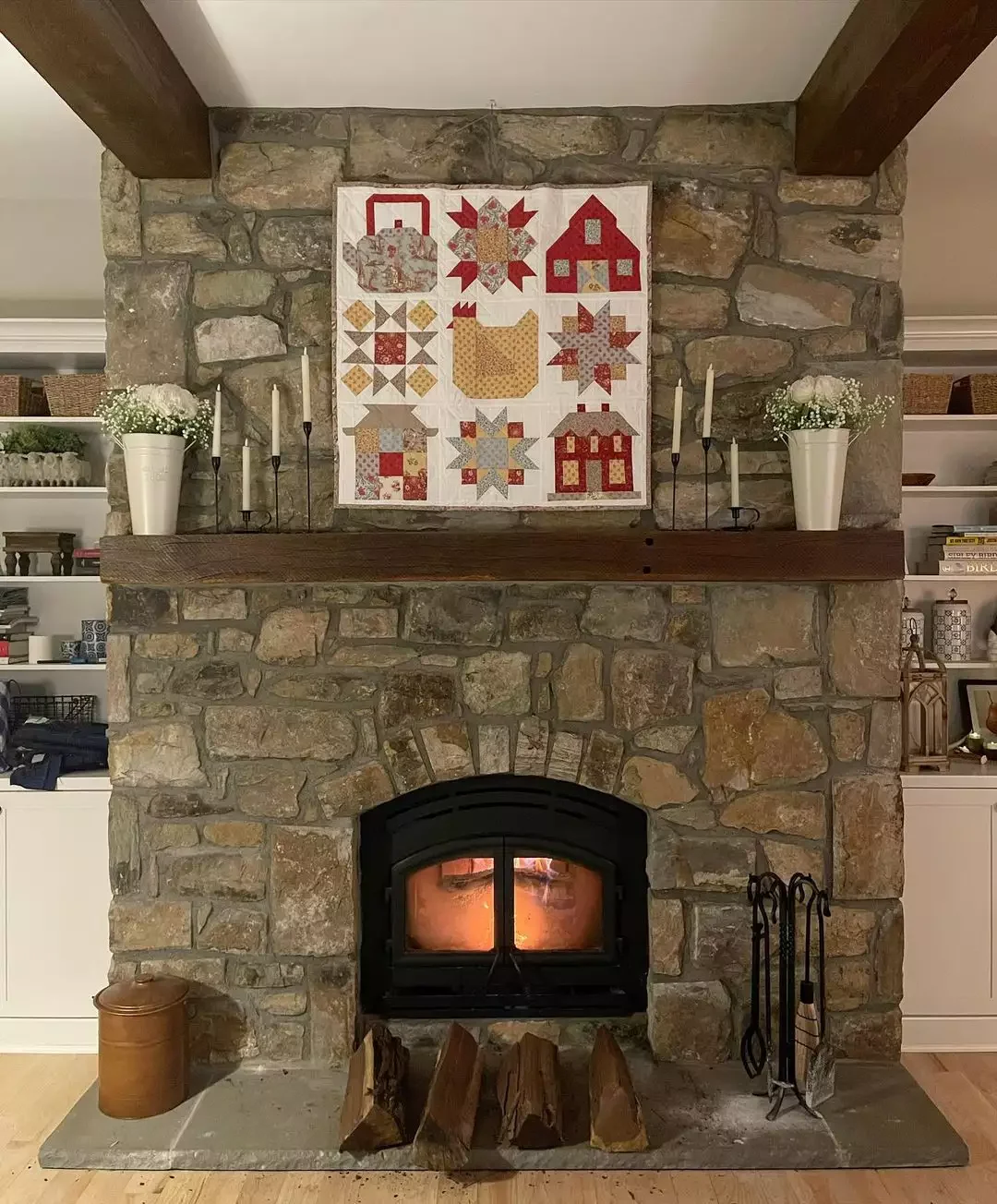 33 Cozy Farmhouse Fireplace Styling Ideas That Transform Your Living Space 32 Display a Patchwork Quilt