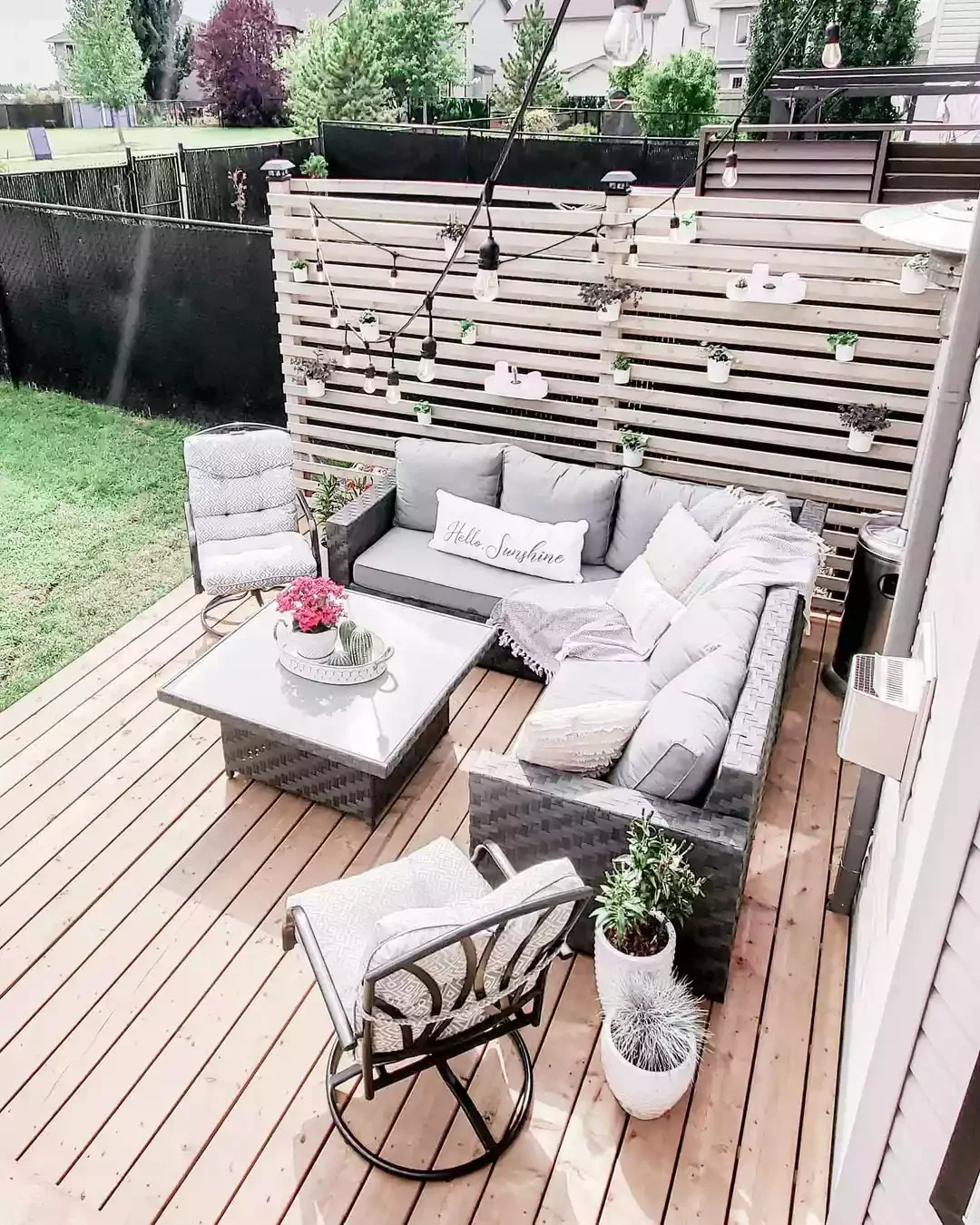 30 Beautiful Ways to Transform Your Patio with String Lights 16 Dress Up a Slatted Wall