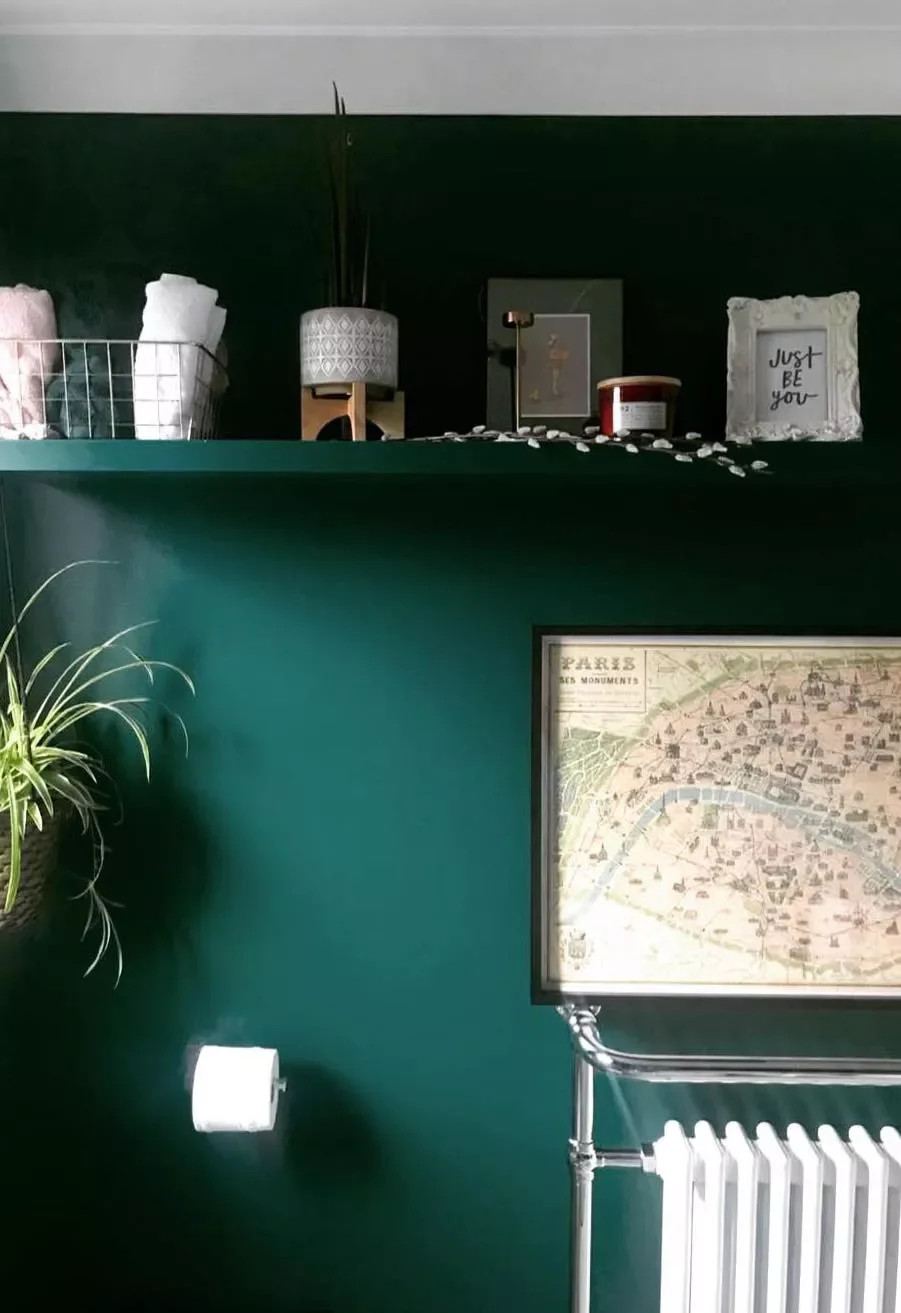 30 Stunning Green Bathroom Ideas That Bring Natural Tranquility to Your Space 13 Evergreen Walls and Shelf