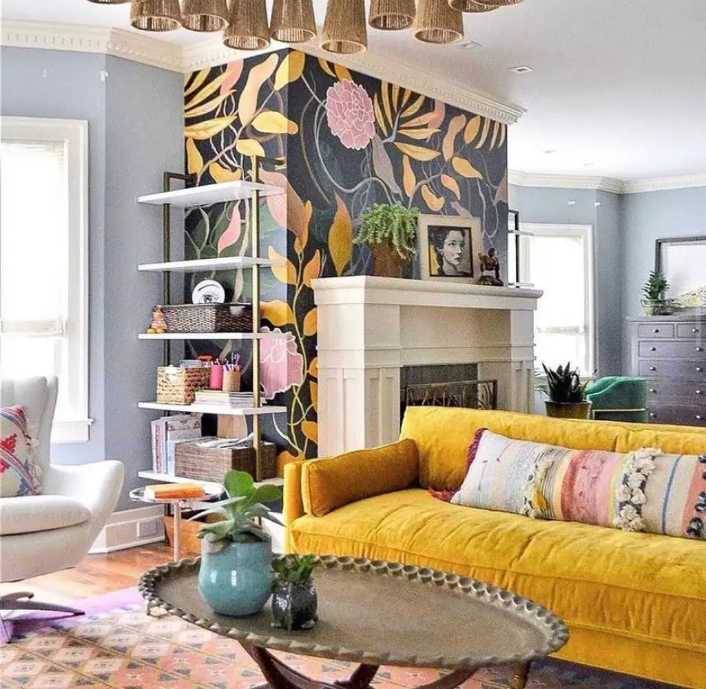 20 Stunning Yellow Living Room Ideas That Will Transform Your Space 11 Feature High-Contrast Wallpaper