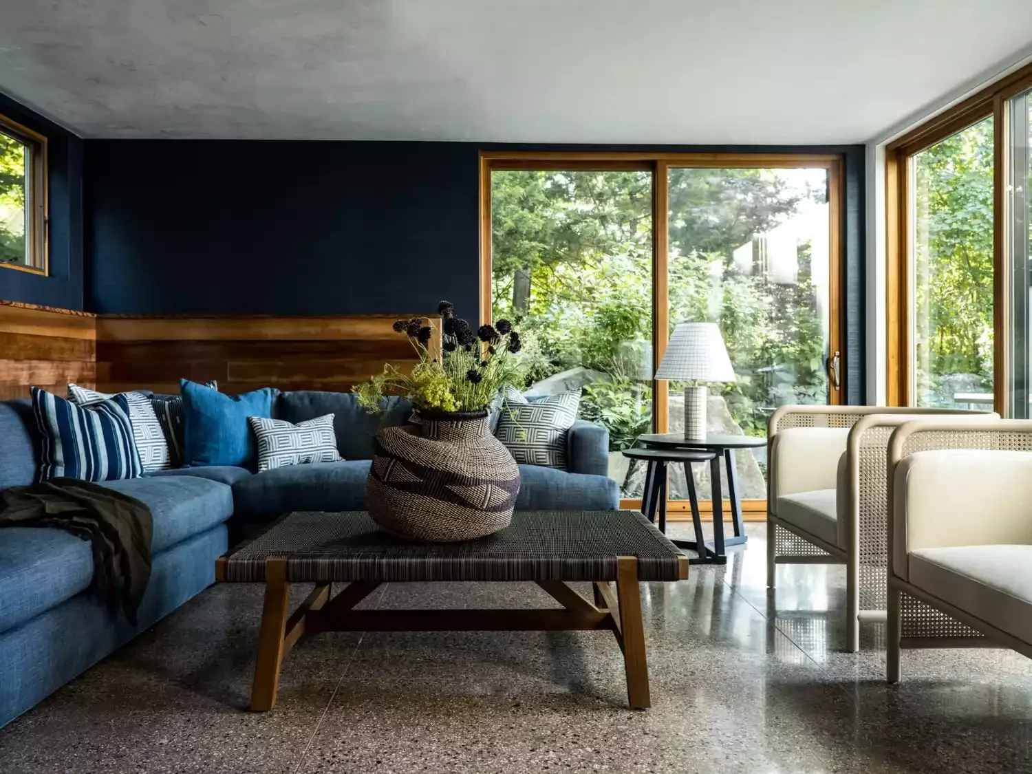 30 Dark and Dramatic Living Rooms That Will Transform Your Space Feature Natural Wood Trim