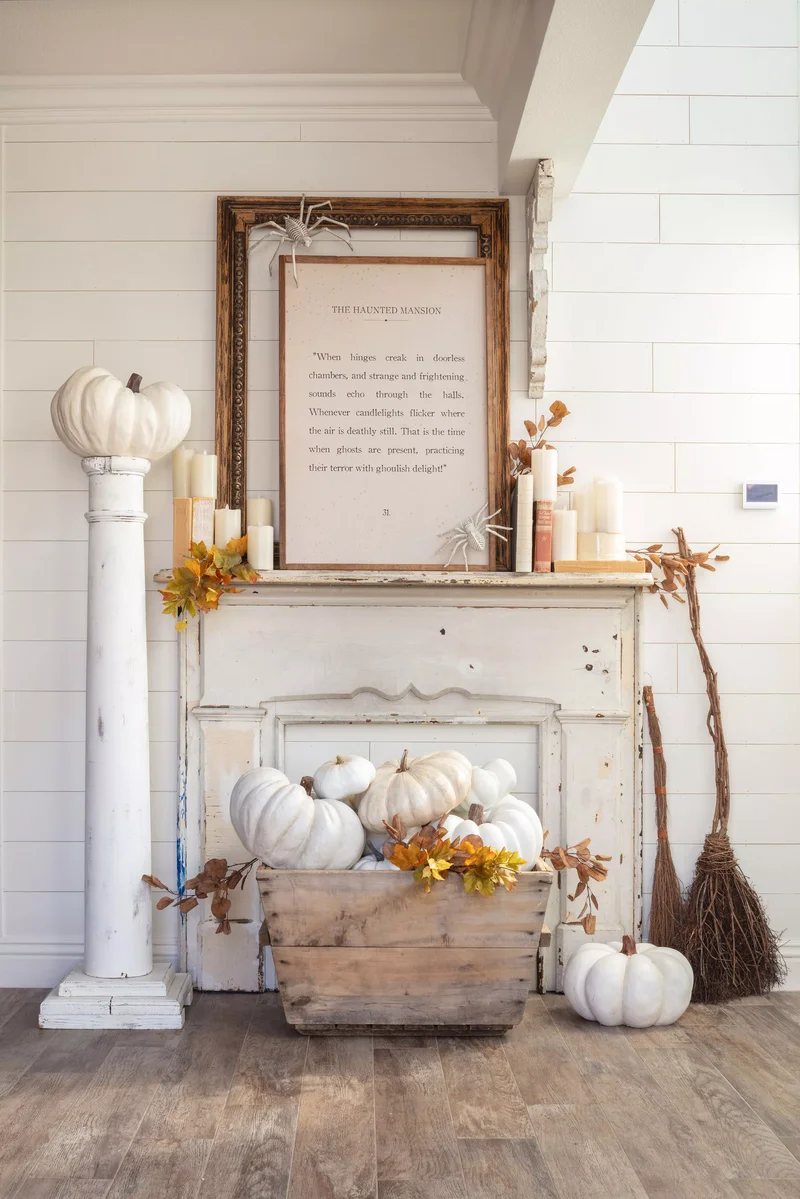 25 Elegant White Pumpkin Ideas for Stunning Fall Decor 3 Fireplace Pumpkin Display