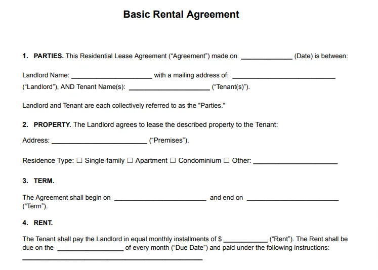 Free Printable Basic Rental Agreement PDF