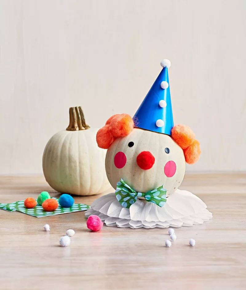 18 Creative Mini Pumpkin Painting Ideas for Autumn Decor 15 Friendly Clown Pumpkins