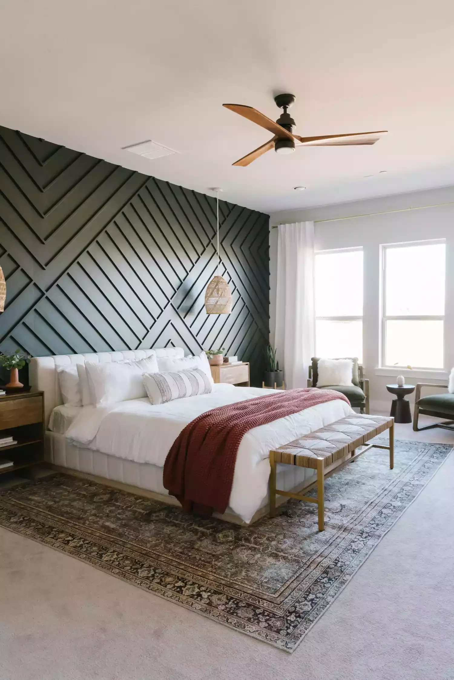 15 Board and Batten Accent Walls That Transform Any Room With Instant Texture 12 Geometric Millwork in a Primary Bedroom