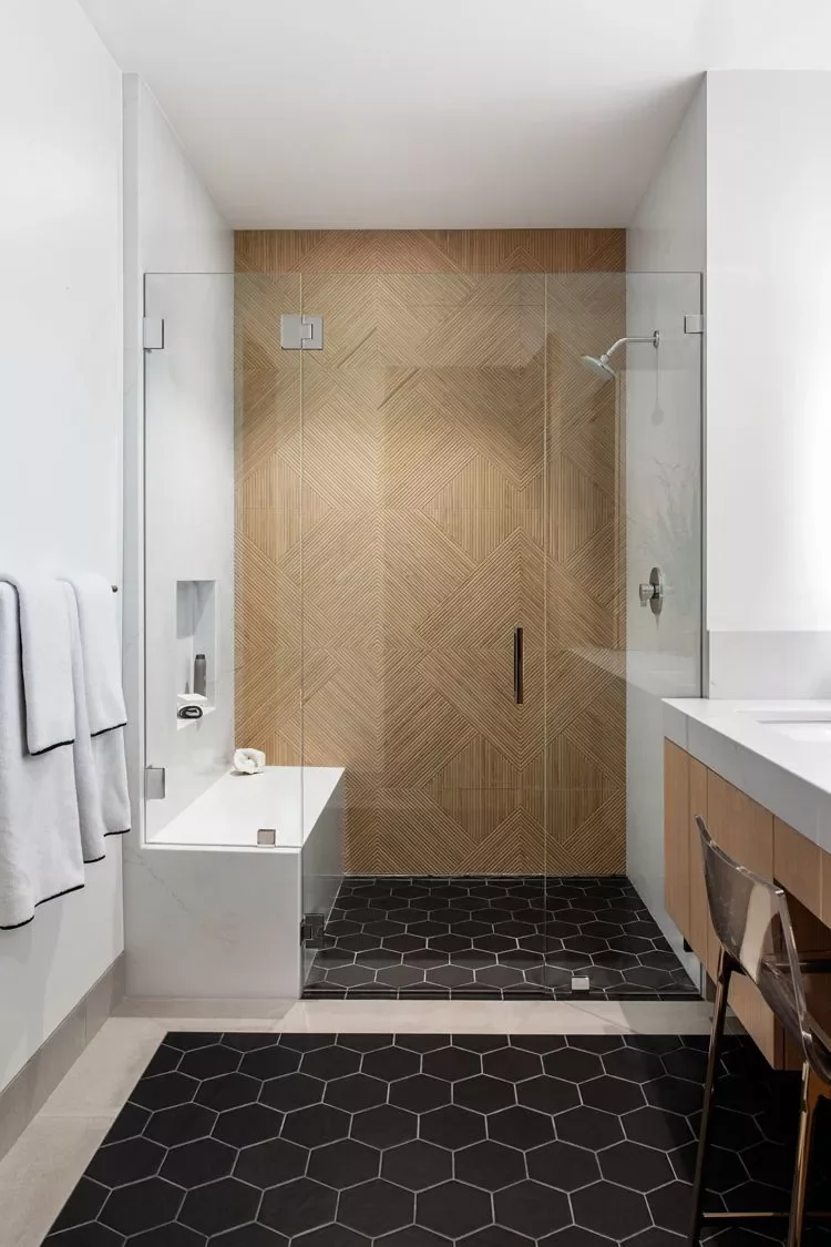44 Bathroom Accent Wall Ideas That Completely Transform Geometric Wood Tile