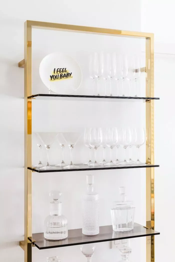 41 Stylish Bar Shelf Ideas That Will Transform Your Home Bar 31 Glass and Brass Bar Shelf