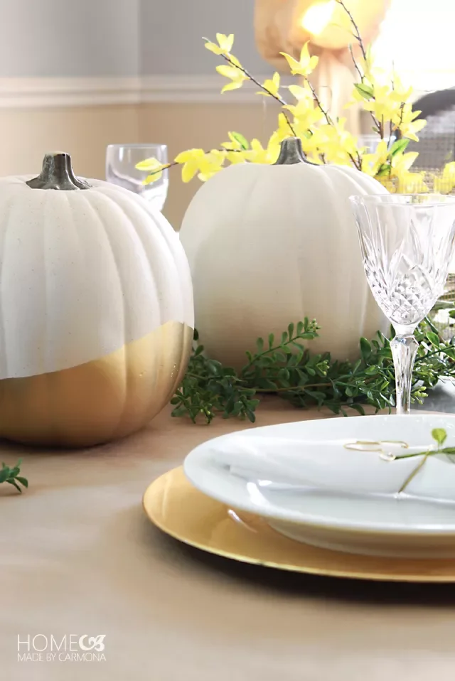 29 Stunning Fall Centerpiece Ideas to Transform Your Seasonal Table 8 Gold and White Faux Pumpkins