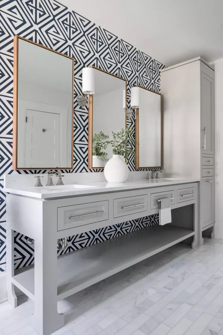 44 Bathroom Accent Wall Ideas That Completely Transform Graphic Tile Accent Wall