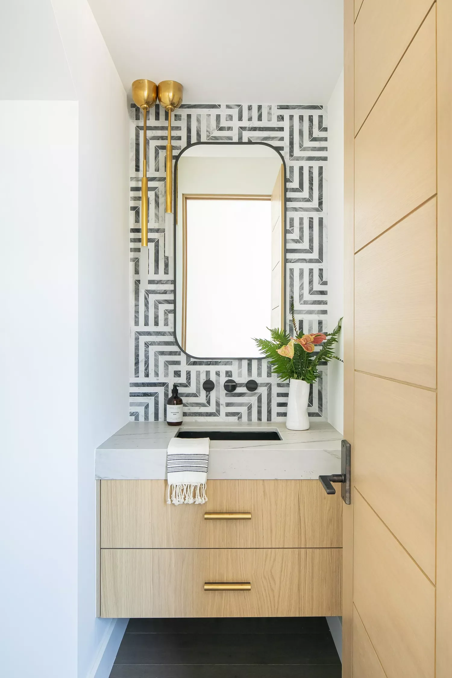 32 Powder Room Design Ideas That Turn Your Small Space Into a Style Statement Graphic Tile Backsplash