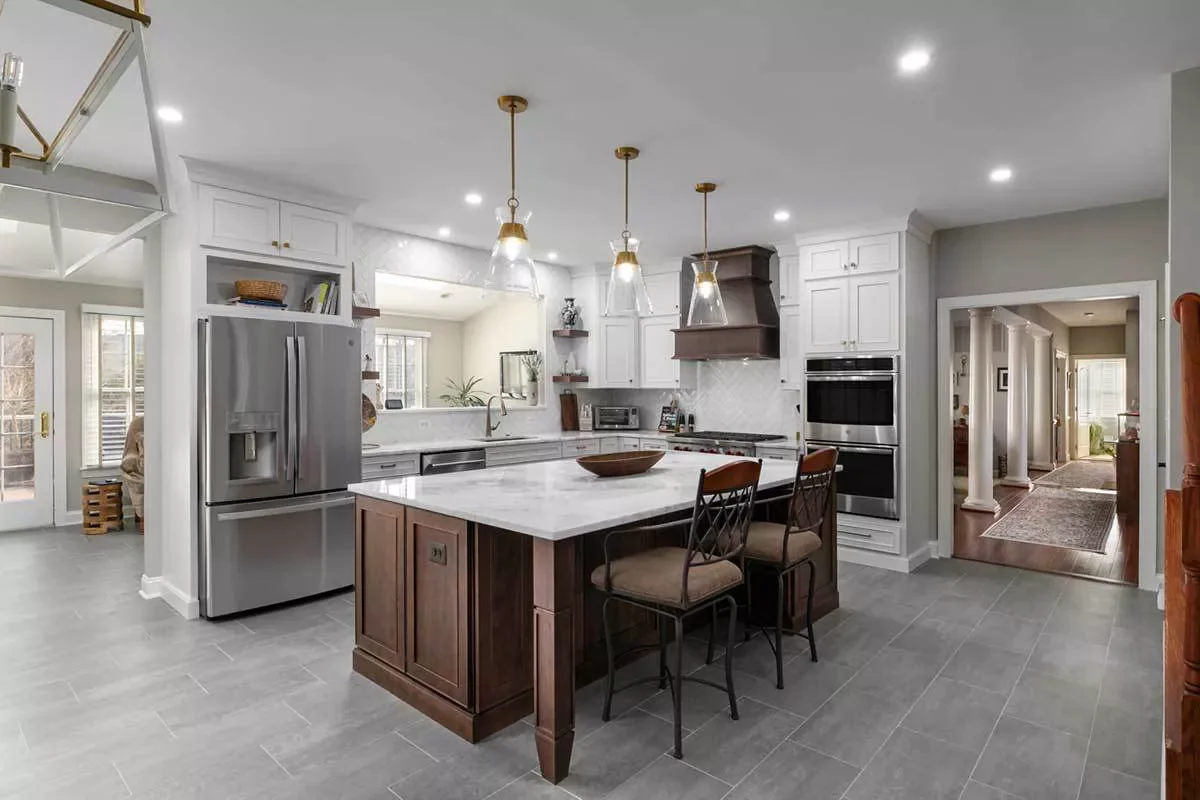 12 Stunning Ways to Transition From Kitchen Tile to Wood Flooring Gray Kitchen Tile to Wood Floor Idea