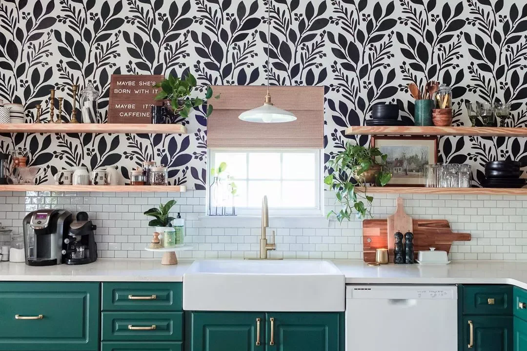 37 Stunning Green Kitchen Cabinet Ideas That Will Transform Your Space Green Cabinets With Wallpaper
