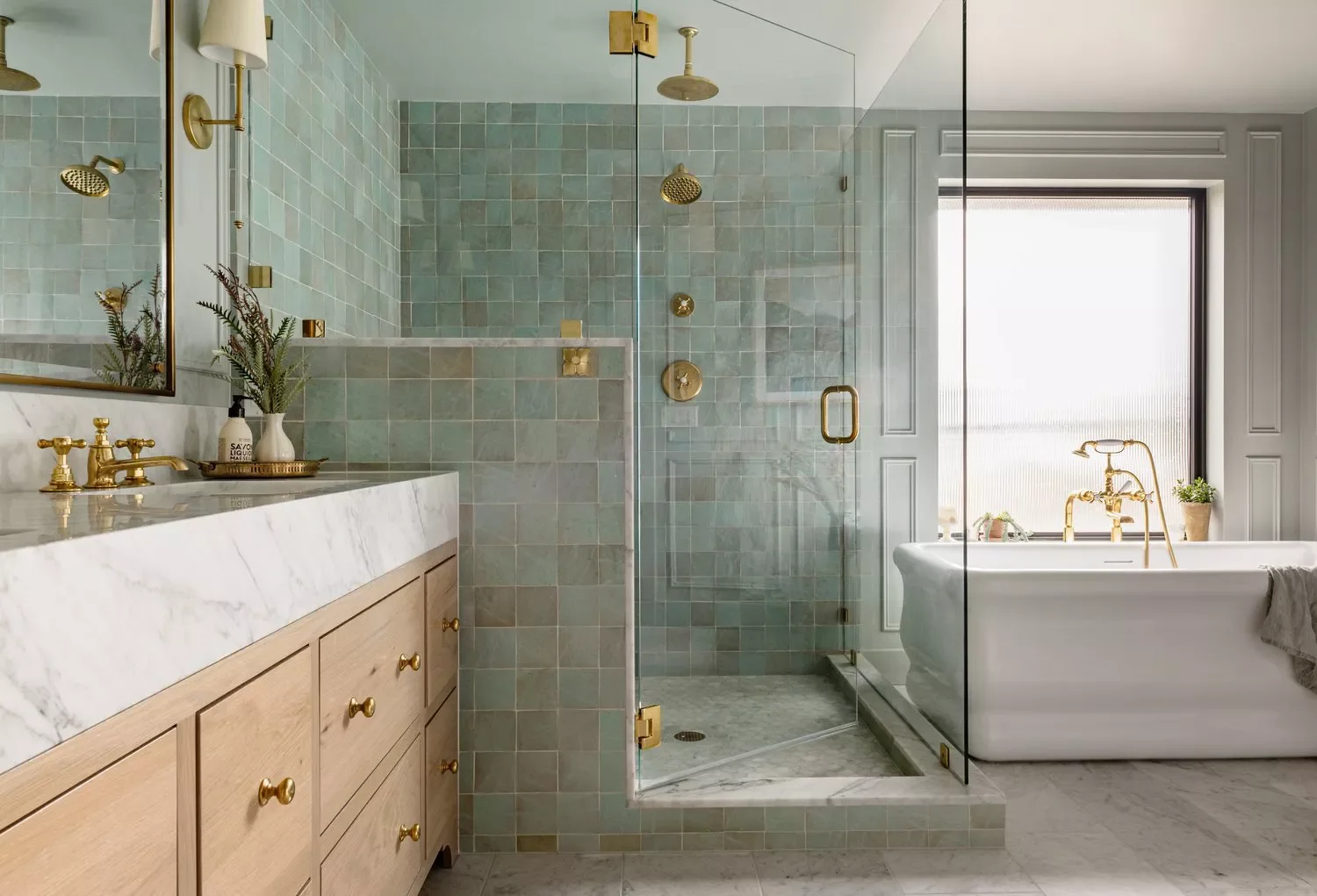 30 Stunning Green Bathroom Ideas That Bring Natural Tranquility to Your Space 19 Green Tile Half Wall