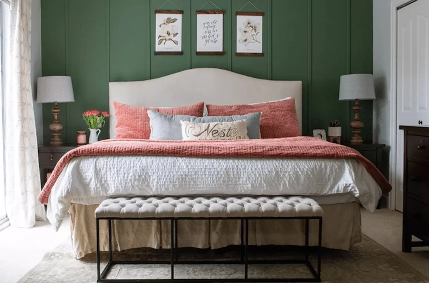 35 Stunning Green Bedroom Ideas That Will Transform Your Space 23 Green and Coral