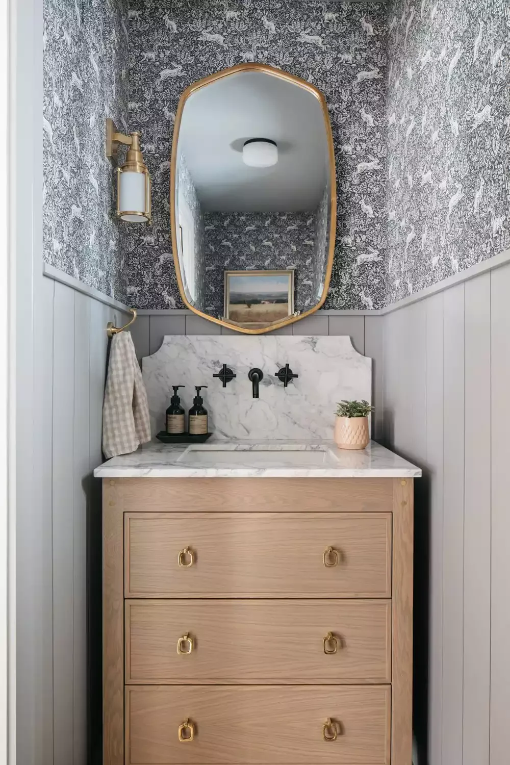 32 Stunning Modern Farmhouse Bathroom Ideas for Timeless Style 7 Hang Some Wallpaper