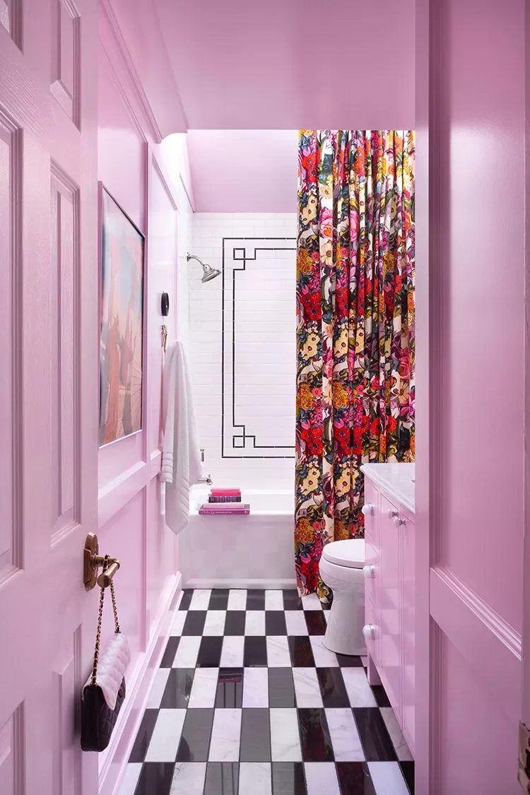 40 Stunning Pink Bathroom Ideas That Balance Playfulness with Elegance 33 Hang a Bold Shower Curtain