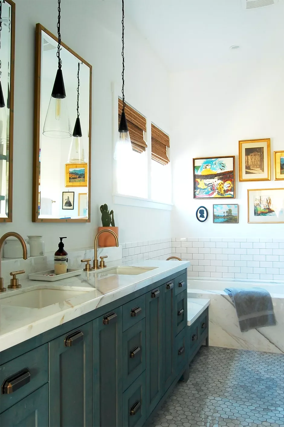 32 Stunning Modern Farmhouse Bathroom Ideas for Timeless Style 14 Hang a Gallery Wall