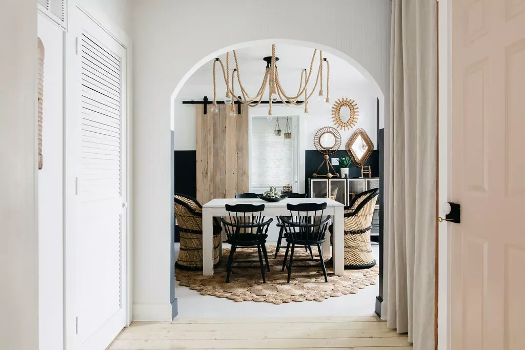 32 Modern Farmhouse Dining Room Ideas That Bring Rustic Warmth to Your Home Hang a Rope Chandelier