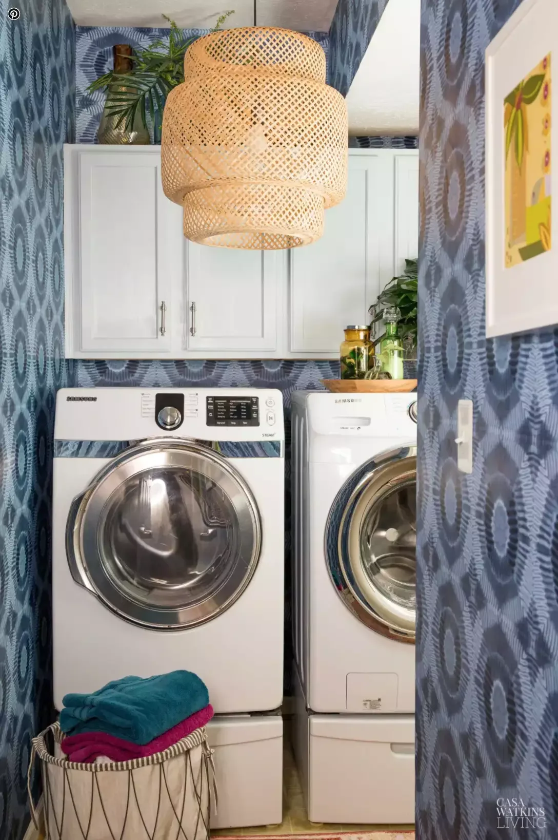 57 Creative Laundry Room Ideas That'll Make You Actually Enjoy Doing Chores Hang a Woven Pendant Light