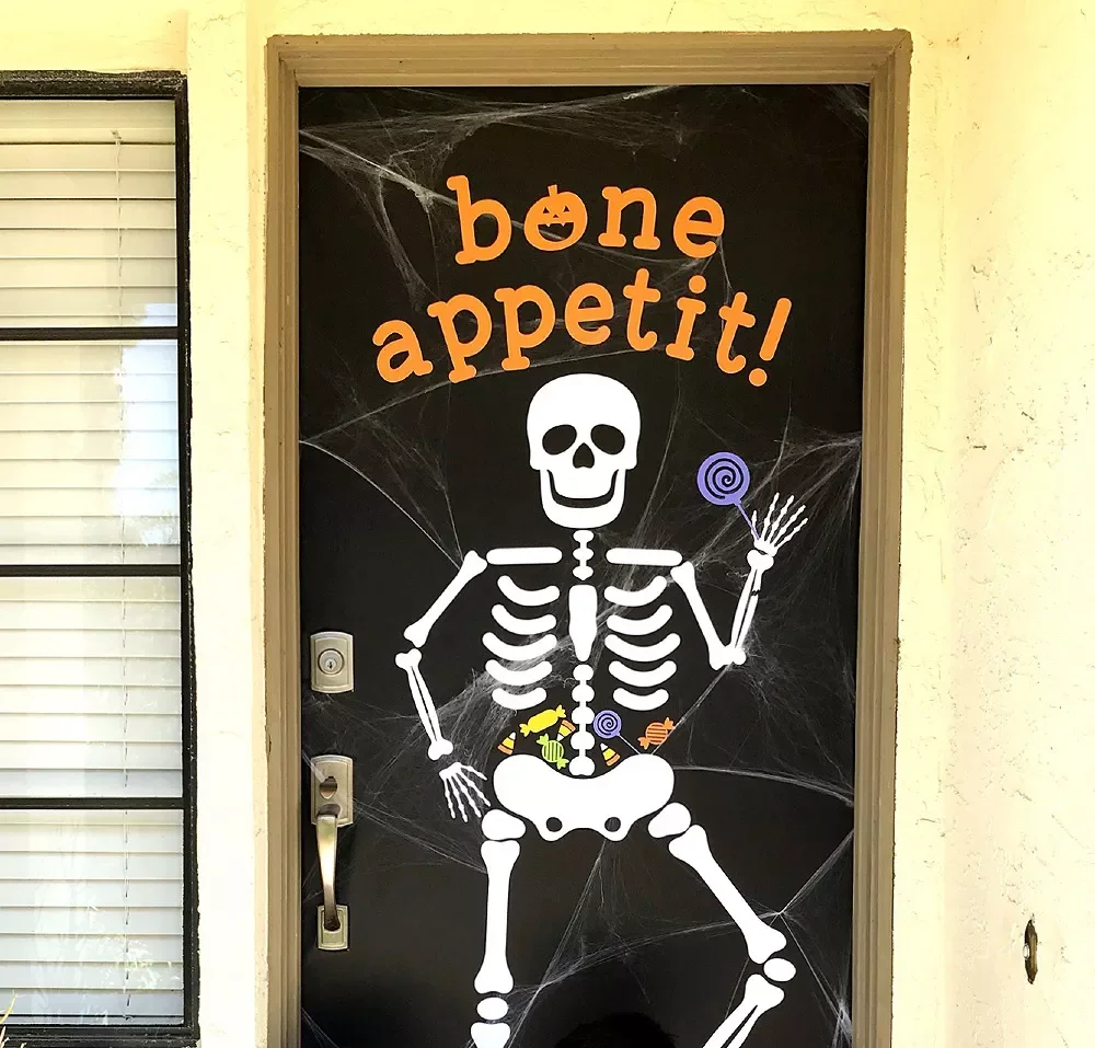 42 Quick Halloween Door Decorations You Can Create in Under an Hour 8 Happy Skeleton Door