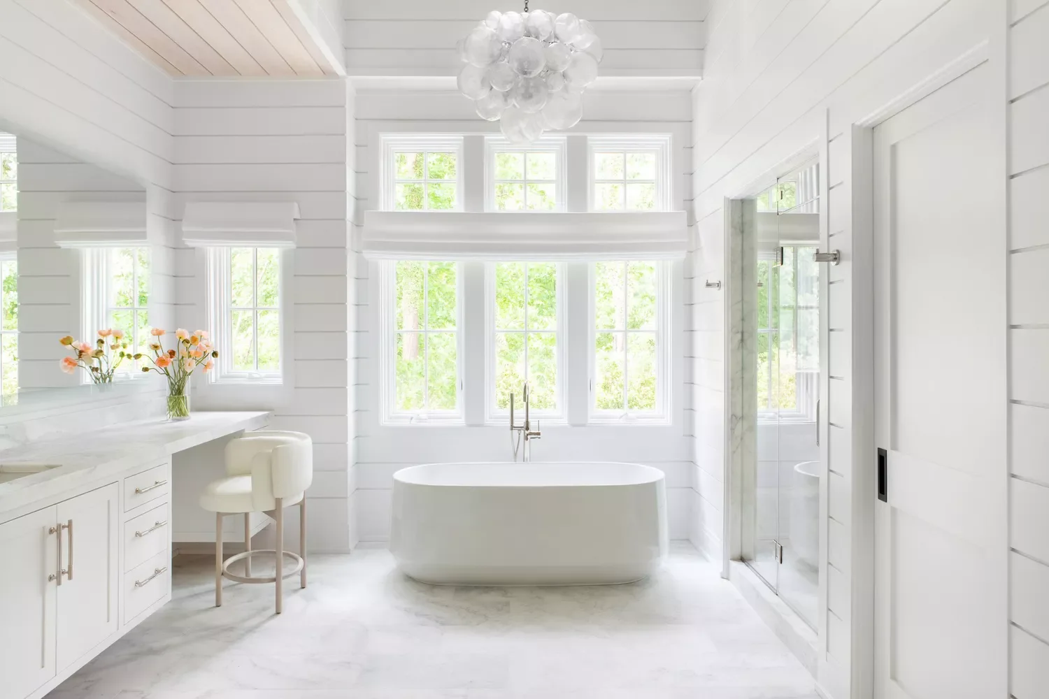 22 Simple White Bathroom Ideas That Make a Big Impact Include Statement Lighting