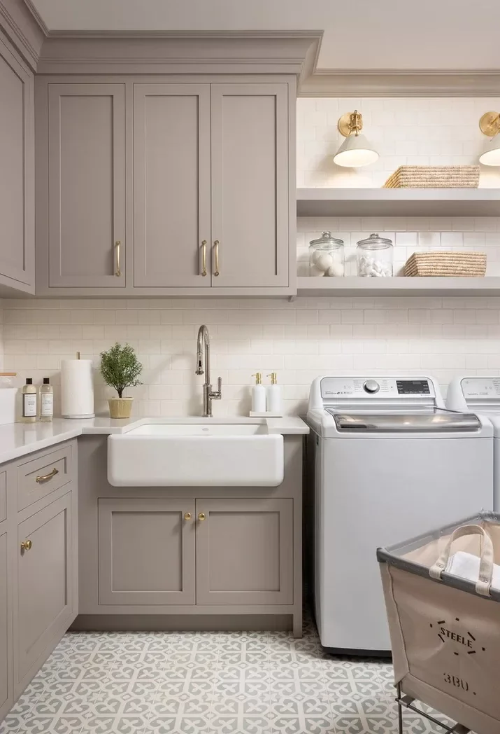 33 Contemporary Laundry Space Ideas for a Timeless Home Install Open Shelves