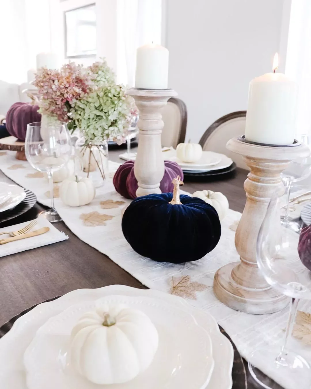 62 Stunning Thanksgiving Table Ideas That Will Wow Your Guests 4 Jewel-Tone Velvet Pumpkins
